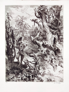 Vodrážka Jaroslav – Robinson Crusoe, původní litografie s barevným podtiskem, č. 5/52, 1955