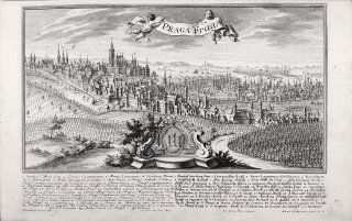 Praha – celkový pohled na město, F. B. Werner, původní mědiryt, ca 1740
