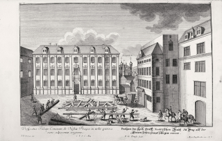 Praha – Nosticův palác na Maltézském náměstí, F. B. Werner, původní mědiryt, ca 1740
