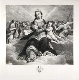 Madona s dítětem ve slávě – Garofalo, Carlo Della Rocca, Pietro Anderloni, původní mědiryt, ca 1843