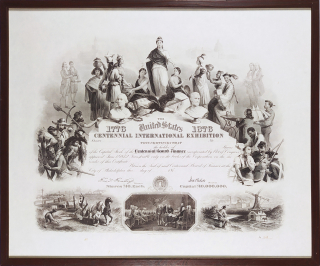 Certifikát akcií – Výstava ke stému výročí ve Filadelfii 1776–1876, původní oceloryt, 1876