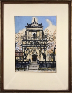 Praha – Kostel Pražského Jezulátka, kresba tuší kolorovaná akvarelem, 1979