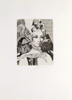 Kábrt Josef – Dívka s šátkem, zrnkový lept s barevným podtiskem, 1981