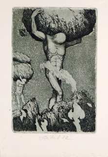 Kábrt Josef – Ex libris Majka R., zrnkový lept s barevným podtiskem, 1982