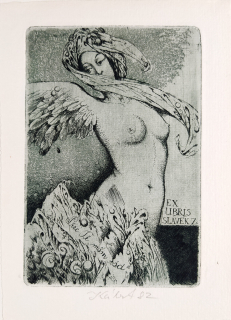 Kábrt Josef – Ex libris Slávek Z., zrnkový lept s barevným podtiskem, 1982