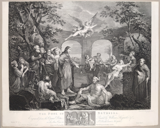 Ravenet S. F., Delattre J. M. – podle W. Hogartha, Lázně Bethesda, původní lept, 1772