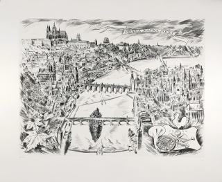 Housa Bedřich – Praha matka měst, velkoformátová rytina, AT, původní lept, 1962