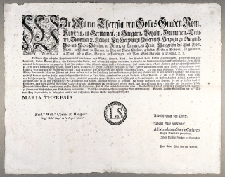 Marie Terezie – Mincovní cirkulář, oznámení o vydání nových mincí, v němčině, 1760