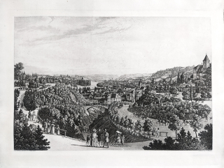 Praha s Letné –  Vincenc Morstadt, C. A. Richter, lept s akvatintou (1836), pozdější otisk z původní desky