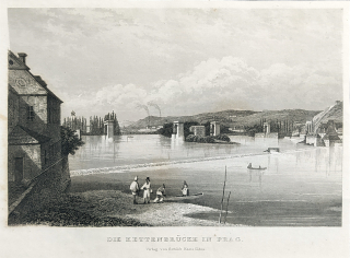 Praha – Řetězový most císaře Františka, původní oceloryt, pražská veduta, 1836