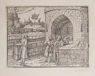 Micheáš před branou jde v ústrety zástupu – ilustrace, Bible Severýnova, původní dřevořez, 1537
