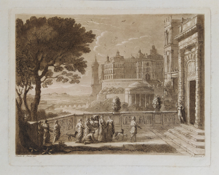 Lupton Thomas – Krajina s Ester blížící se k paláci Asveruse, původní lept s mezzotintou, 1825