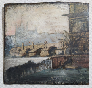 Šlenger Karel – Praha, pohled na Karlův most, olejomalba na dřevěné desce, nedatováno