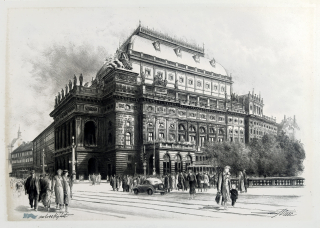 Vaic Josef – Praha, Národní divadlo, původní litografie, autorský tisk, nedatováno