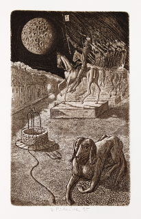 Pileček Jindřich – Don Quijote, původní lept s barevným podtiskem, 1995