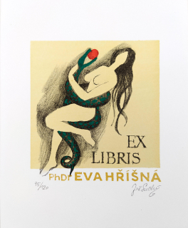 Suchý Jiří – Ex libris PhDr. Eva Hříšná, litografie s barevným podtiskem, č. 95/120, nedatováno