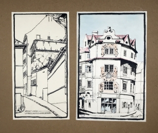 Mauermann Karel, Placák Václav – Praha, dvě kolorované perokresby, 1911