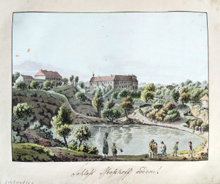 Škvorec (starý zámek) – Antonín Pucherna, staře kolorovaný původní lept, 1801–1807