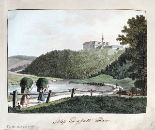 Komorní Hrádek (zámek) – Antonín Pucherna, staře kolorovaný původní lept, 1801–1807