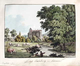 Radimský zámek – Antonín Pucherna, staře kolorovaný původní lept, 1801–1807