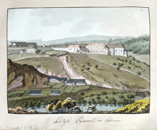 Nižbor (zámek) – Antonín Pucherna, staře kolorovaný původní lept, 1801–1807