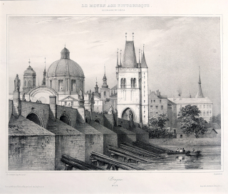 Praha – Karlův most a Staré Město, Jacottet, původní litografie, ca 1840