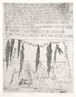 Černá Kateřina – Modlitba, str. 7 „Pieta“, sedmý list z knihy: Mé obrazy, kombinovaná technika, AT, 1985