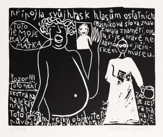Černá Kateřina – Pravá matka, z knihy: Co objevila sestra pana lékárníka, str. 13, barevný linoryt, 1996
