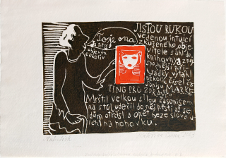 Černá Kateřina – z knihy: O červené Karkulce trochu jinak, č. 3, dvoubarevný linoryt, AT, 2003