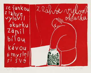Černá Kateřina – Z láhve vylovil okurku, z knihy: Co objevila sestra pana lékárníka str. 11, linoryt, AT, 1996