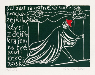 Černá Kateřina – K. H. Mácha, z knihy: Co objevila sestra pana lékárníka str. 3, dvoubarevný linoryt, AT, 1996