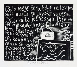Černá Kateřina – z knihy: O červené Karkulce trochu jinak, list 2, barevný linoryt, 2003