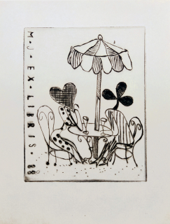 Tichý František – Ex libris M. J. (Marie Jančáková II), suchá jehla, č. soup. 26, 1938