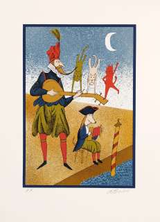 Born Adolf – Kočičí muzika, signovaná barevná serigrafie, autorský tisk, ca 2010