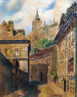 Nový Miroslav – Praha, Pražský hrad z Valdštejnské ulice, suchý pastel na kartonu, 1934