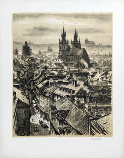 Stretti Viktor – Praha, Pohled z Prašné brány na Staré Město a Hradčany, původní litografie s podtiskem, 1949