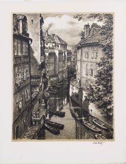 Stretti Viktor – Praha, Kampa, původní litografie s podtiskem, 1949