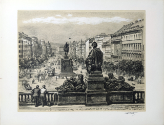 Stretti Viktor – Praha, Václavské náměstí, původní litografie s podtiskem, 1949
