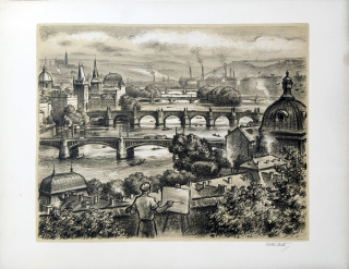 Stretti Viktor – Praha, Pohled na Prahu z Letné, původní litografie s podtiskem, 1949
