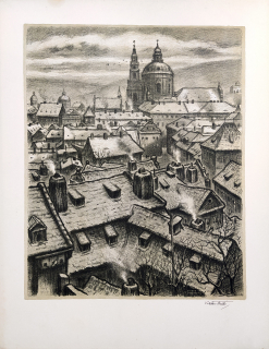 Stretti Viktor – Praha, Malostranské střechy, původní litografie s podtiskem, 1949