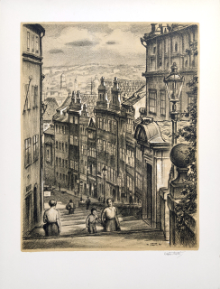 Stretti Viktor – Praha, Staré zámecké schody, původní litografie s podtiskem, 1949
