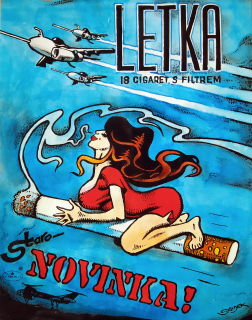 Saudek Kája – Letka, raritní reklama na cigarety, původní serigrafie tištěná na plech, 90. léta