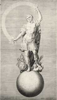 Sadeler II Aegidius  – Alegorická postava válečníka stojícího na glóbu s papežským erbem, mědiryt, 1588–1629