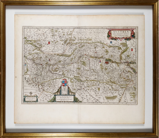 Rakousko – Austria, Wolfgang Lazius, W. J. Blaeu, staře kolorovaný původní mědiryt, 1630