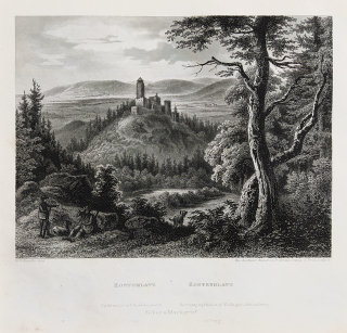 Kostomlatský vrch – Zřícenina Kostomlaty, Adolf Fesca, původní oceloryt, 1860