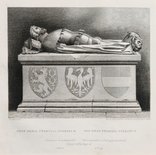 Praha – Hrobka českého krále Přemysla Otakara II. v katedrále sv. Víta, Adolf Fesca, původní oceloryt, 1860