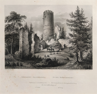 Šelmberk – Zřícenina hradu u Mladé Vožice, Adolf Fesca, původní oceloryt, 1860