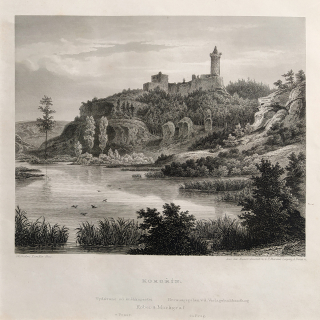 Kokořín – Hrad Kokořín nad říčkou Pšovkou, Adolf Fesca, původní oceloryt, 1860
