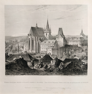 Slaný – Stará Pražská brána a hlavní chrám v Slaném, Adolf Fesca, původní oceloryt, 1860