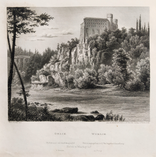 Orlík – Zámek Orlík nad Vltavou, Adolf Fesca, původní oceloryt, 1860